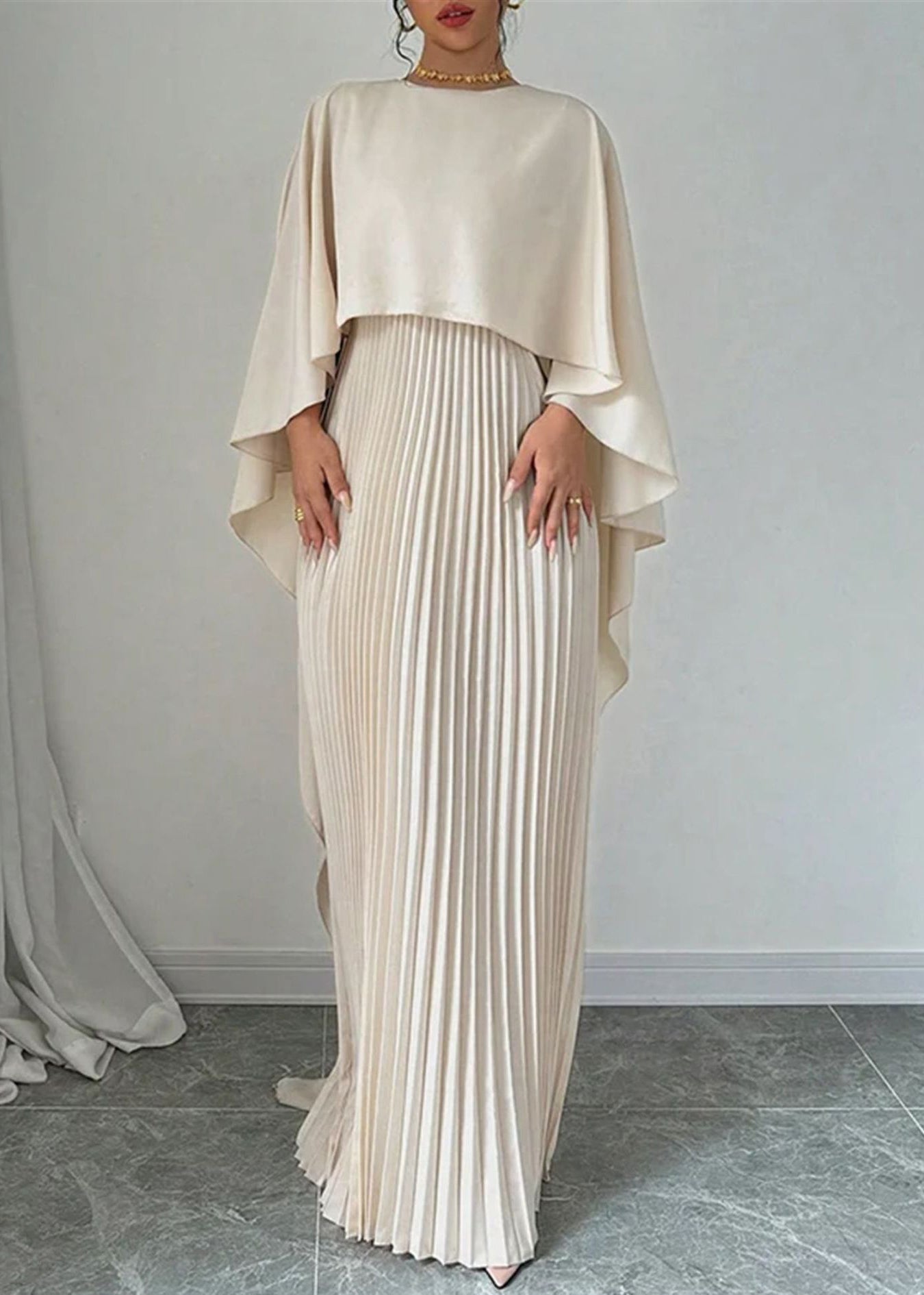 Long Dress Beige Sleeve Patchwork Asymmetrical Elegant Batwing