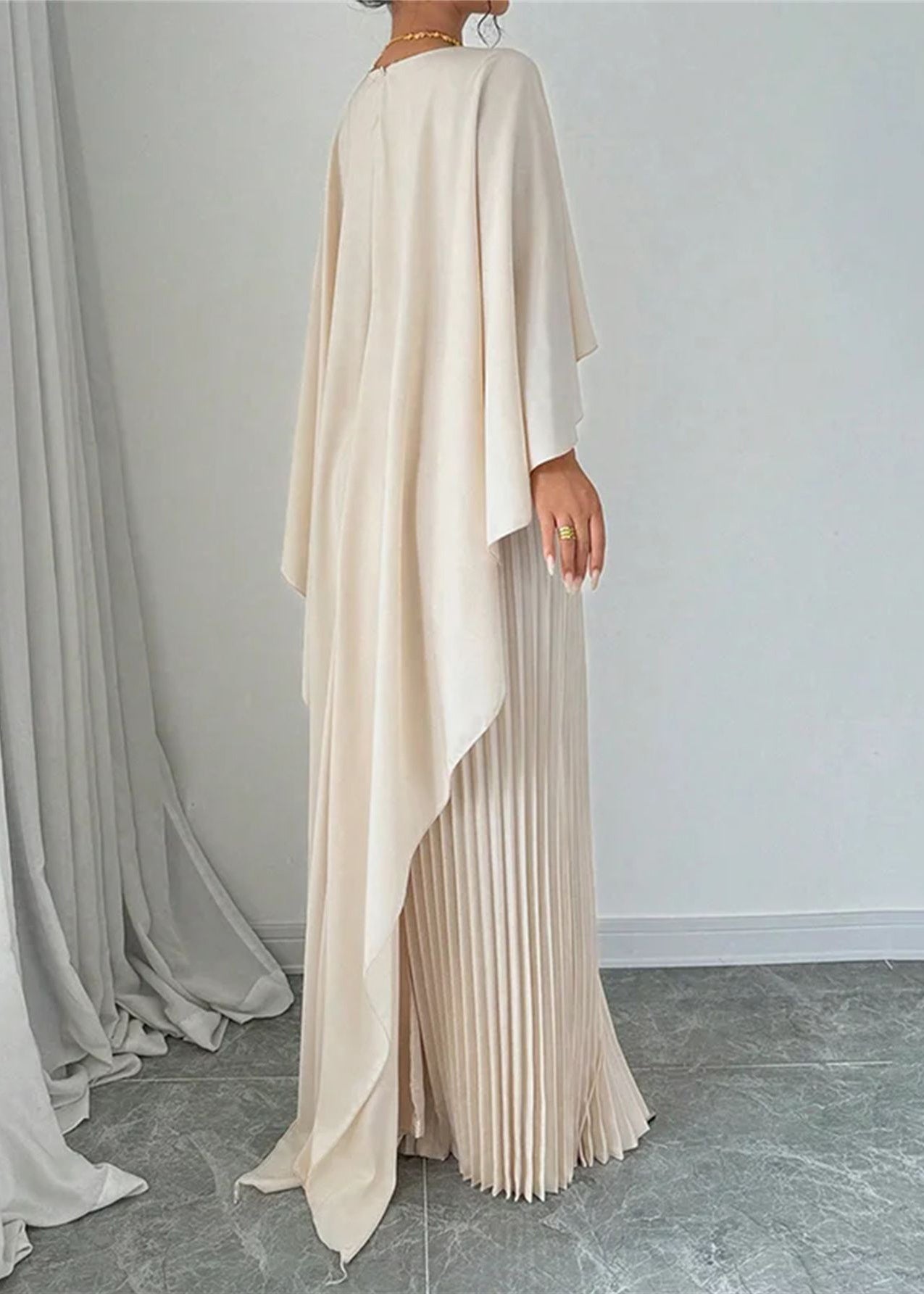 Long Dress Beige Sleeve Patchwork Asymmetrical Elegant Batwing