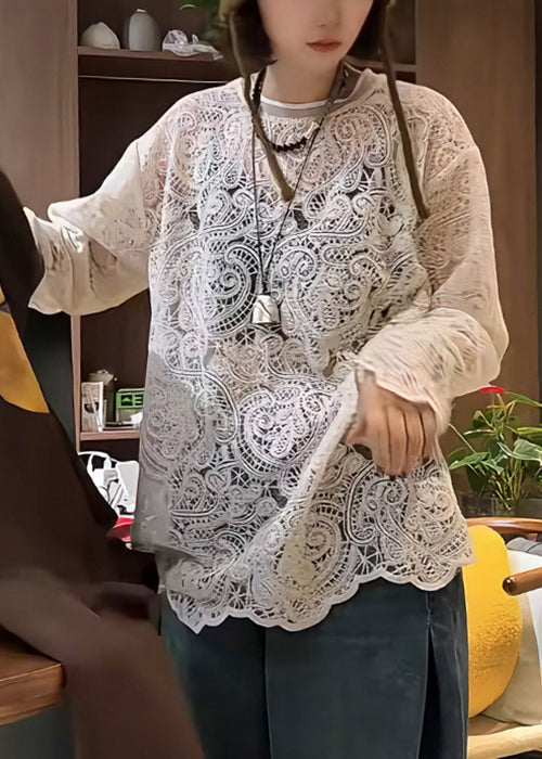 Elegante Hohl T Bestickt Beige Hemd Aus Frühling Spitze