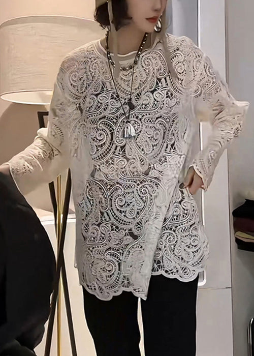 Elegante Hohl T Bestickt Beige Hemd Aus Frühling Spitze