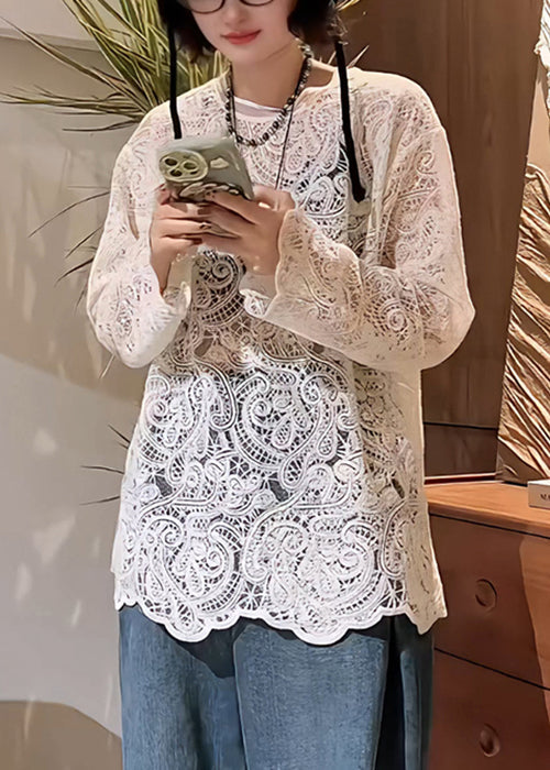 Elegante Hohl T Bestickt Beige Hemd Aus Frühling Spitze