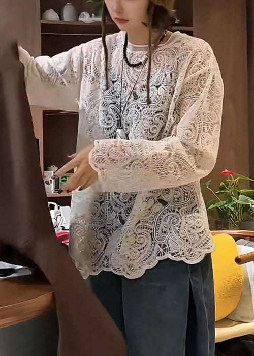 Elegante Hohl T Bestickt Beige Hemd Aus Frühling Spitze