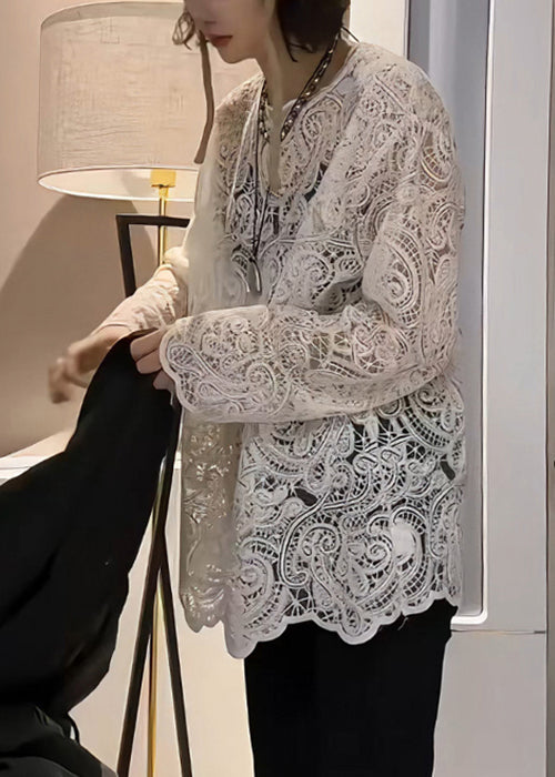 Elegante Hohl T Bestickt Beige Hemd Aus Frühling Spitze