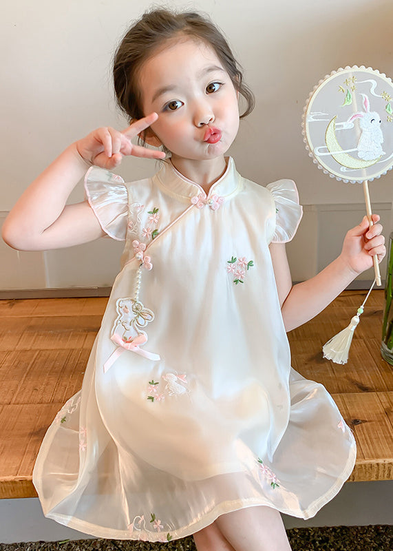 Robe longue d'été élégante en tulle à boutons brodés beige pour filles MN014