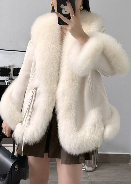 Elegant Beige Fox Collar Pockets Parkas Winter RC004