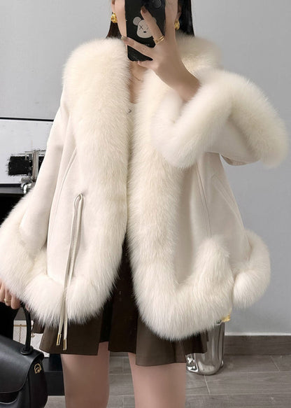 Elegant Beige Fox Collar Pockets Parkas Winter RC004