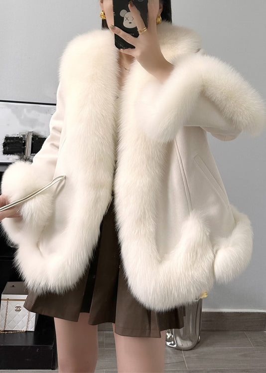 Elegant Beige Fox Collar Pockets Parkas Winter RC004