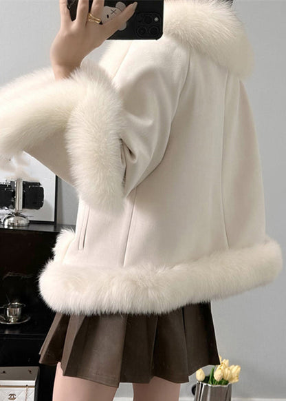 Elegant Beige Fox Collar Pockets Parkas Winter RC004