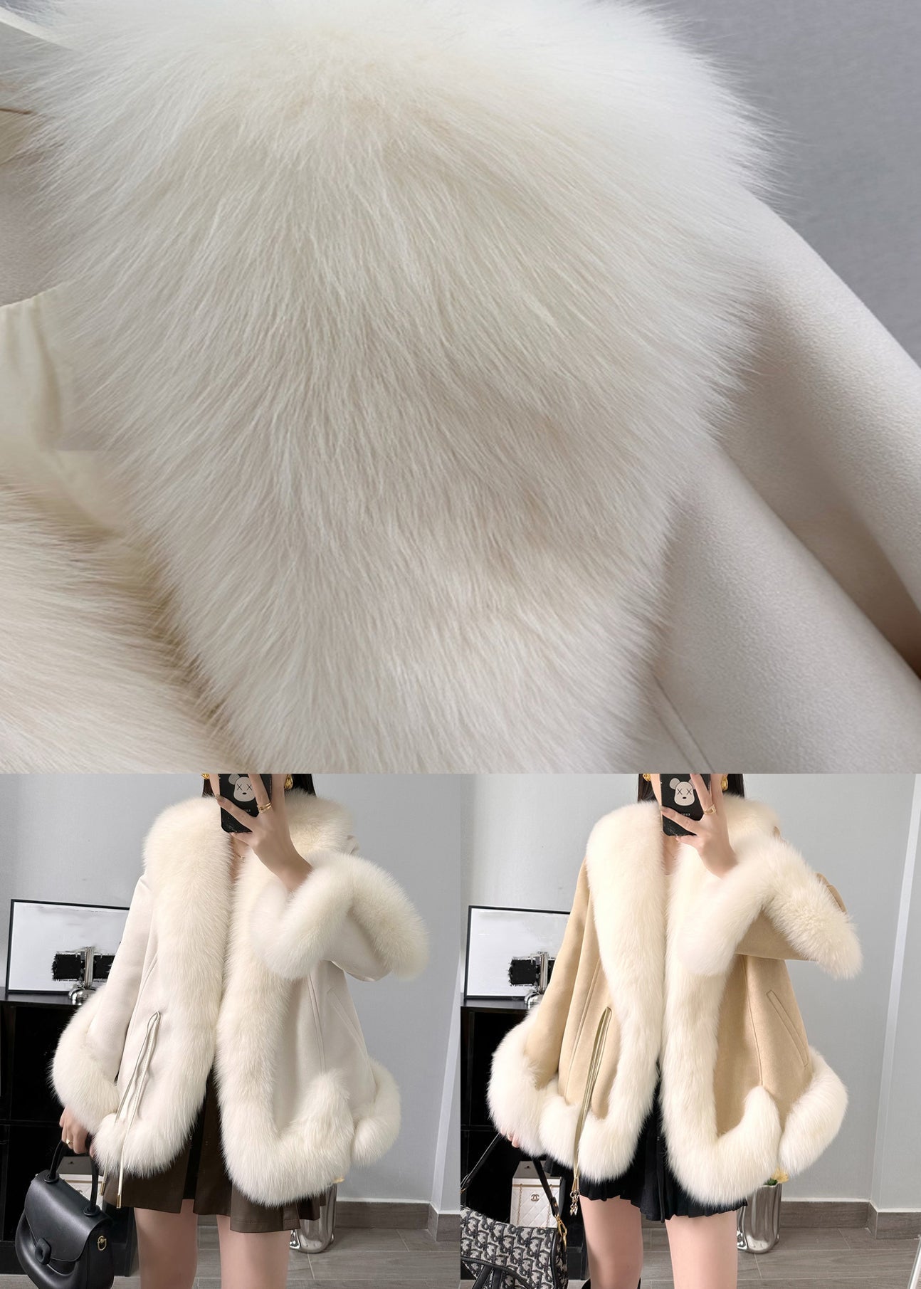 Elegant Beige Fox Collar Pockets Parkas Winter RC004