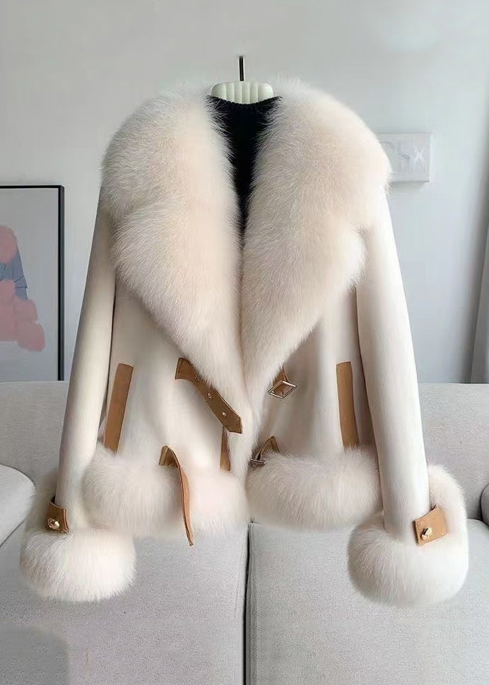 Elegant Beige Fur Collar Patchwork Woolen Coat Winter RZ035