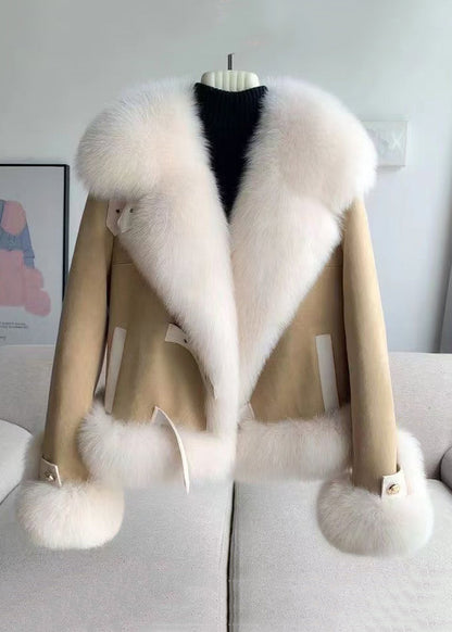 Elegant Beige Fur Collar Patchwork Woolen Coat Winter RZ035