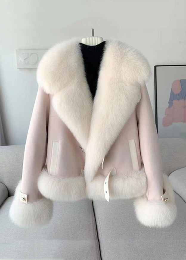 Elegant Beige Fur Collar Patchwork Woolen Coat Winter RZ035