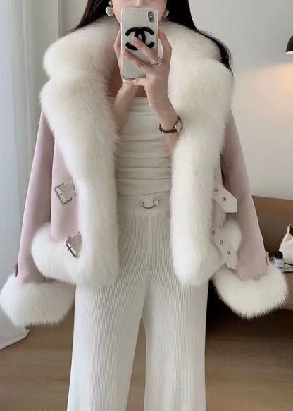 Elegant Beige Fur Collar Patchwork Woolen Coat Winter RZ035