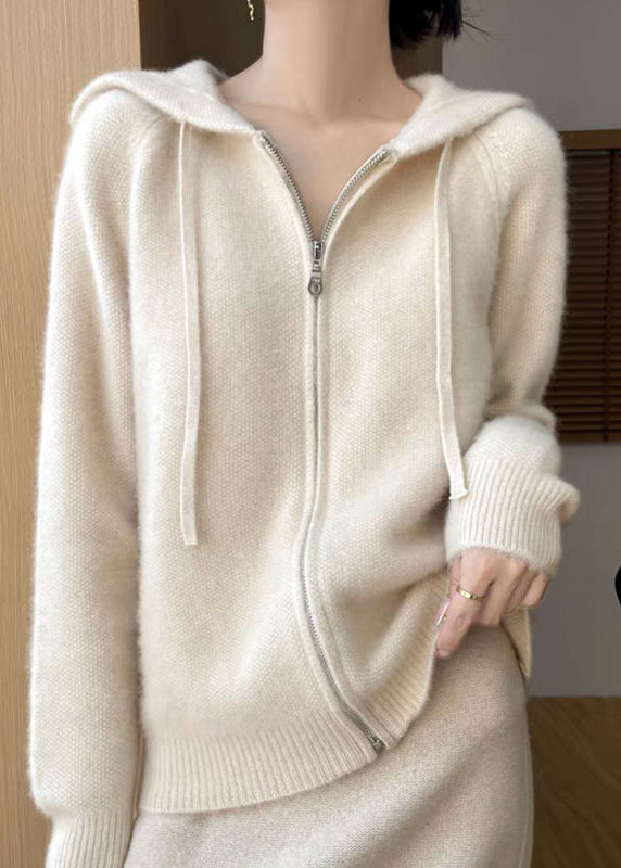 Elegant Beige Hooded Zippered Solid Cotton Knit Coat Fall QI013