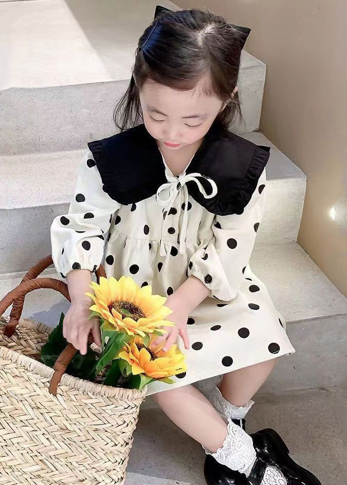 Elegant Beige Lace Up Dot Corduroy Girls Dresses Long Sleeve XZ083