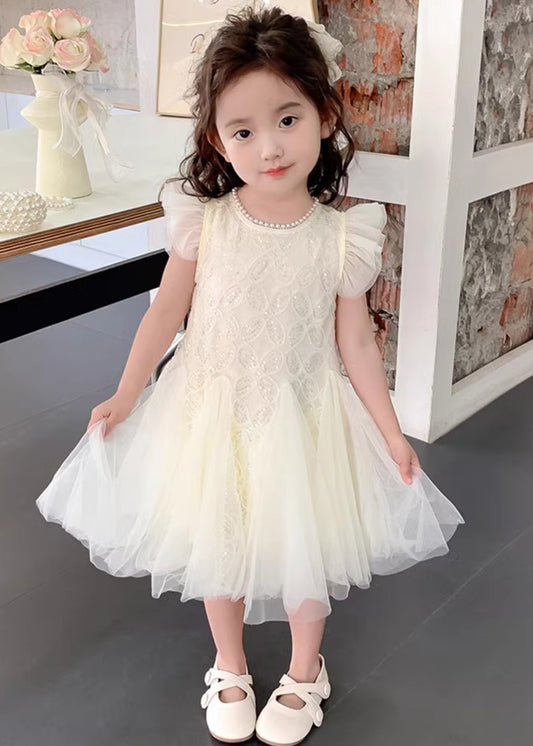 Elegant Beige Pearl Sequins Tulle Girls Dress Summer TT027