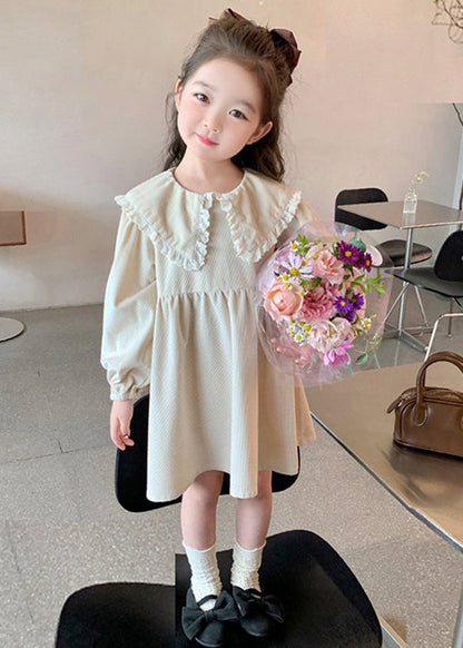 Elegant Beige Peter Pan Collar Solid Cotton Girls Dresses Long Sleeve XZ056