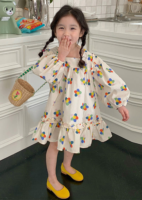 Elegant Beige Ruffled Print Cotton Girls Dress Long Sleeve XZ086