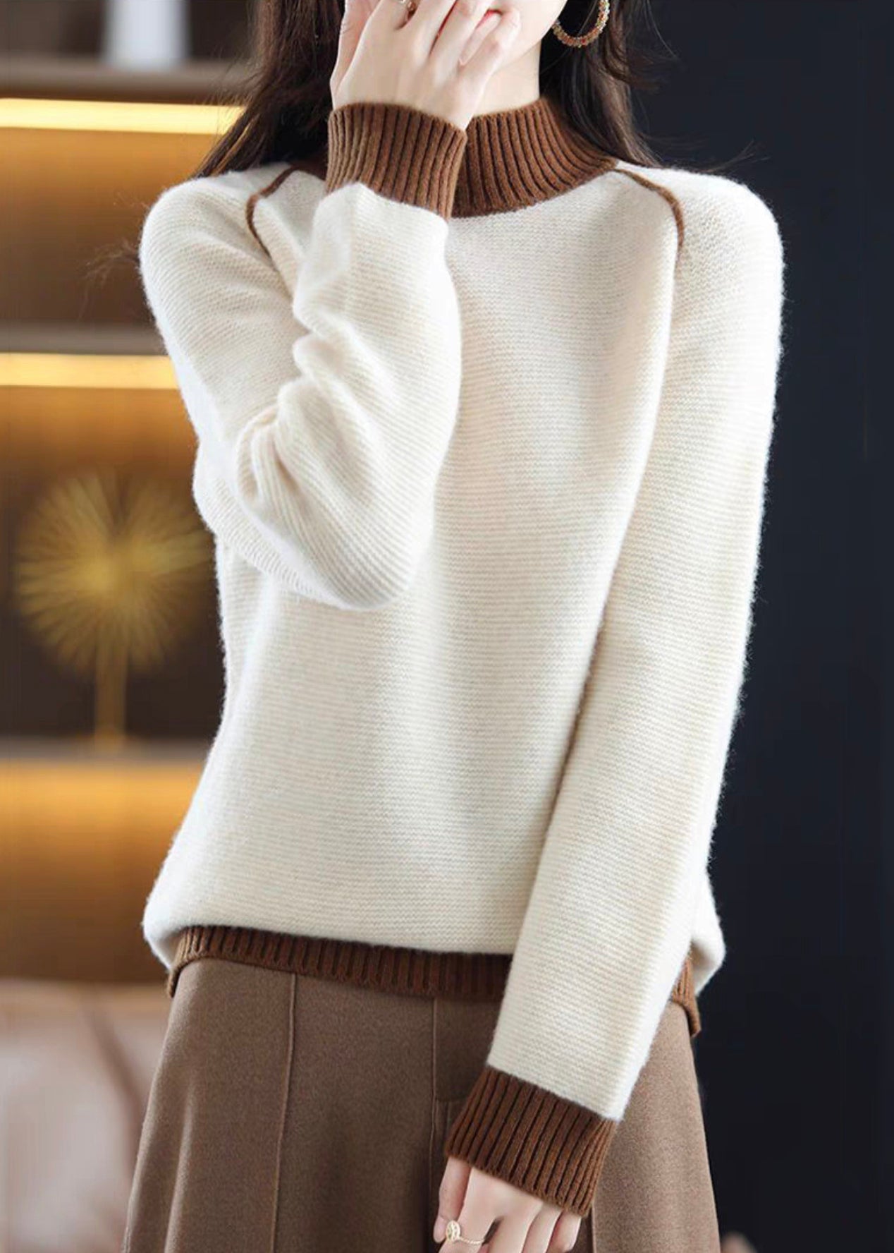 Elegant Brown Turtleneck Cozy Patchwork Wool Knit Sweaters QI042