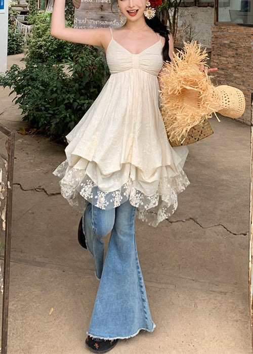 Elegant V Mini Dresses Beige Cotton Sleeveless Neck Lace