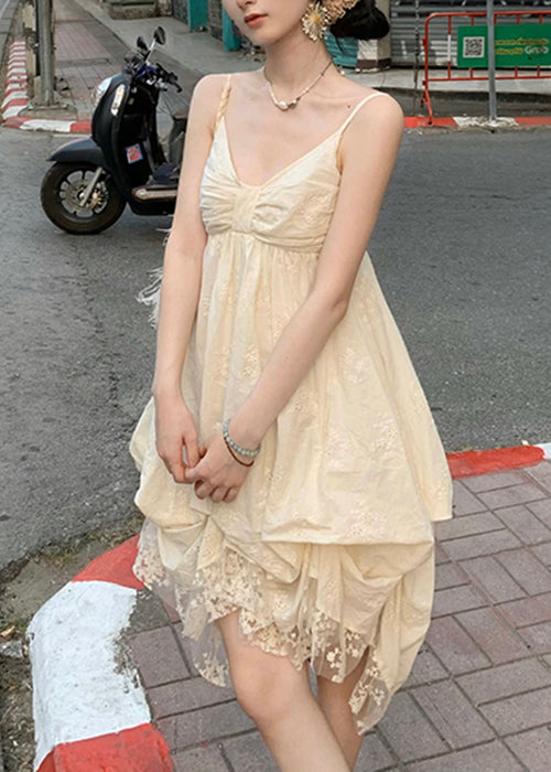 Elegant V Mini Dresses Beige Cotton Sleeveless Neck Lace