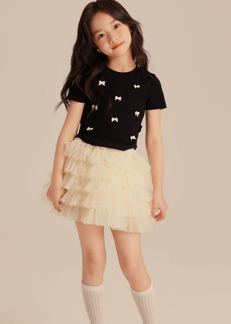 Elegant Black Bow Girls Top And Beach Skirts Two Pieces Set Summer SS1001