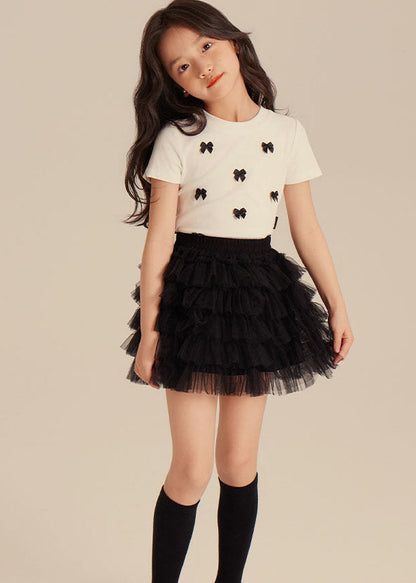 Elegant Black Bow Girls Top And Beach Skirts Two Pieces Set Summer SS1001