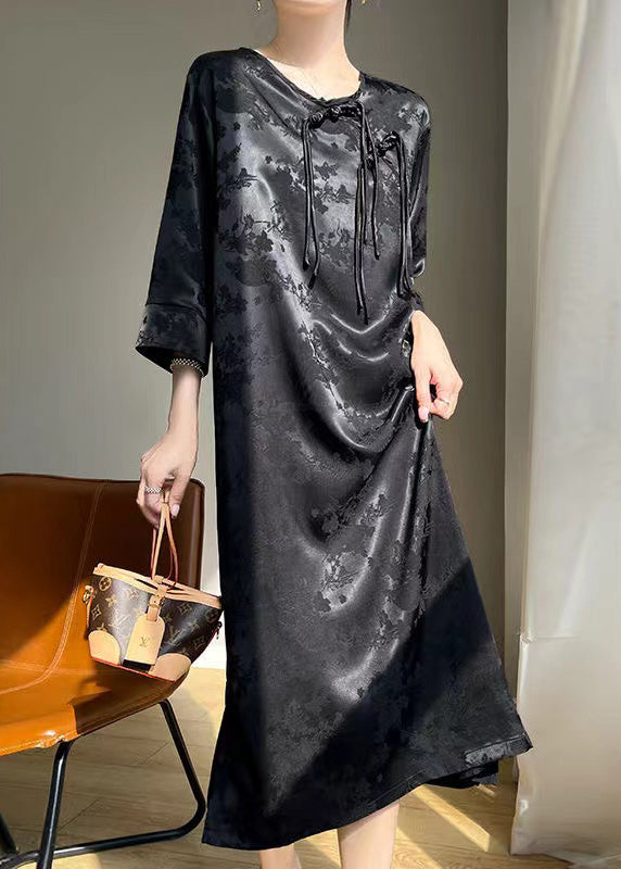 Robe élégante en soie unie noire à boutons chinois Automne AB1034