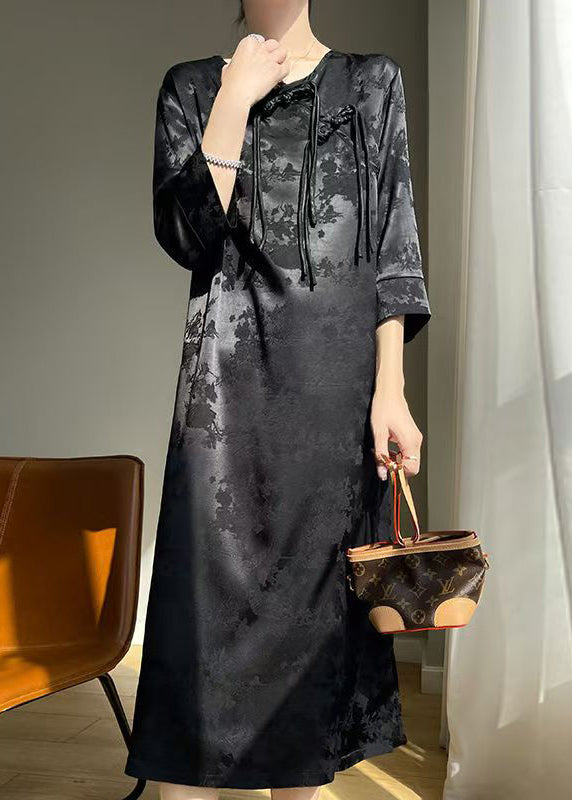 Robe élégante en soie unie noire à boutons chinois Automne AB1034