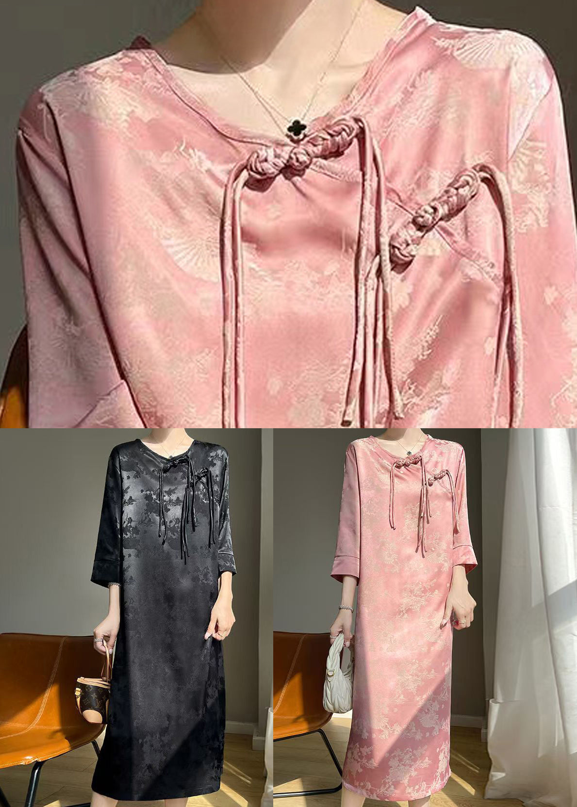 Robe élégante en soie unie noire à boutons chinois Automne AB1034