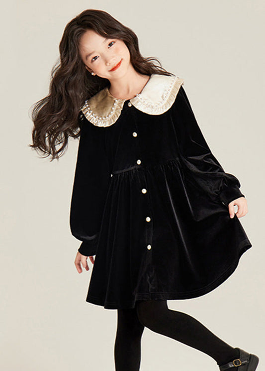 Robe mi-longue élégante en velours de soie et perles noires pour filles, tenue de vacances, printemps TG001