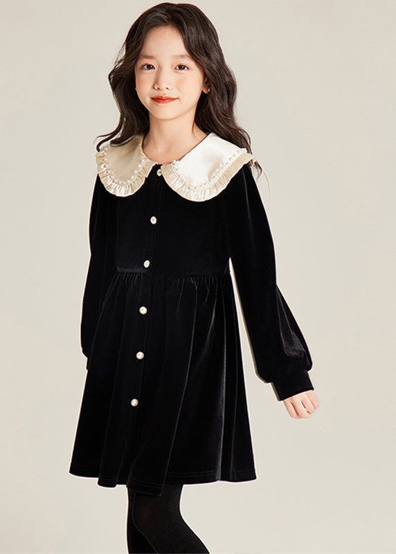Robe mi-longue élégante en velours de soie et perles noires pour filles, tenue de vacances, printemps TG001
