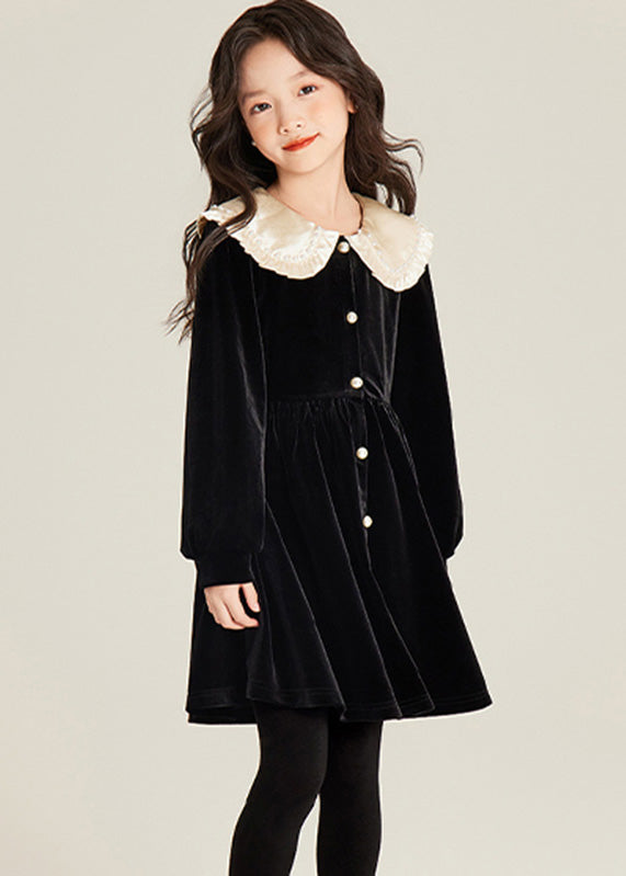 Robe mi-longue élégante en velours de soie et perles noires pour filles, tenue de vacances, printemps TG001