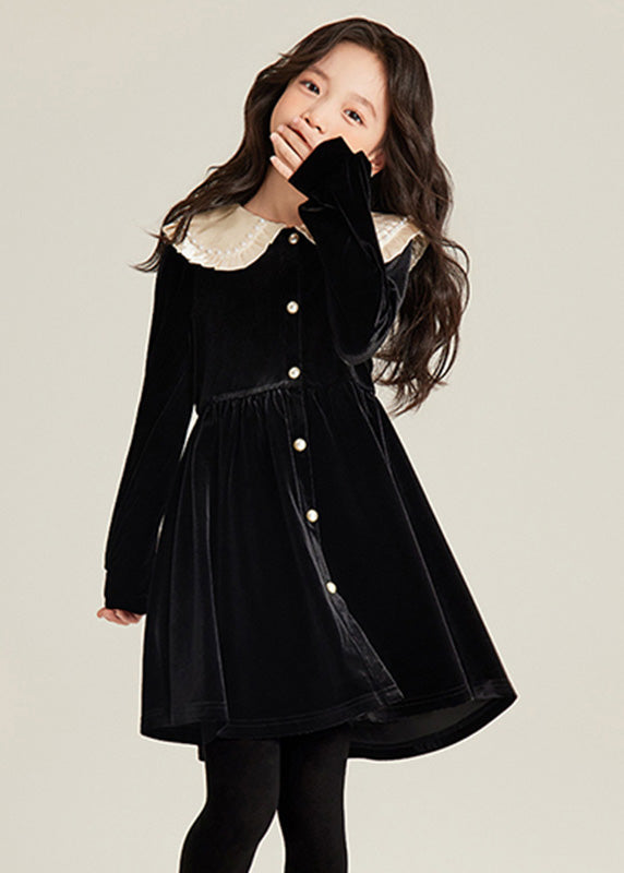 Robe mi-longue élégante en velours de soie et perles noires pour filles, tenue de vacances, printemps TG001