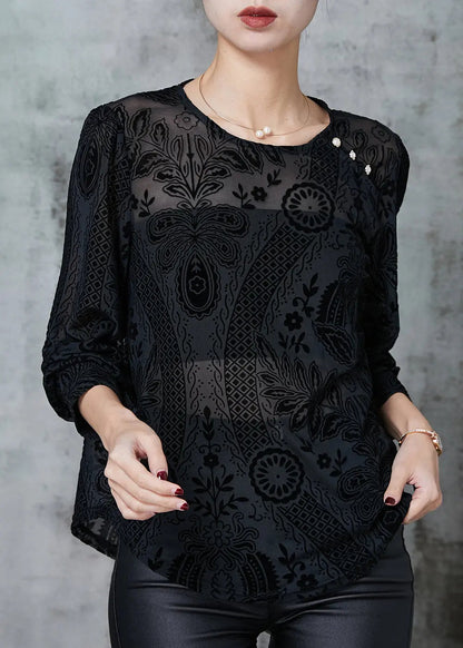 Elegant Black O-Neck Jacquard Lace Tops Spring Ada Fashion