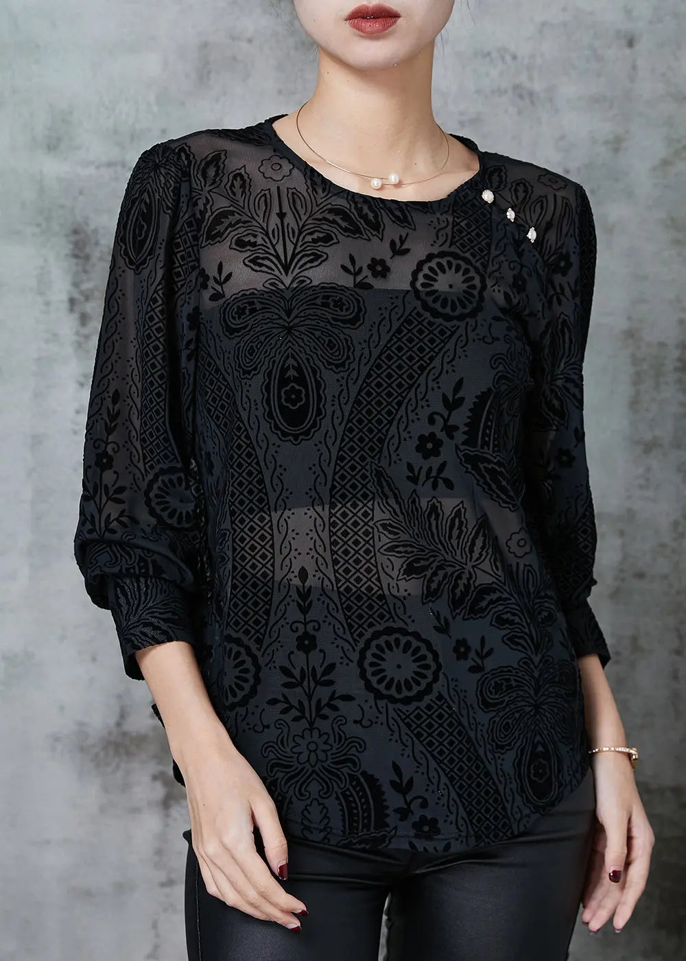 Elegant Black O-Neck Jacquard Lace Tops Spring Ada Fashion