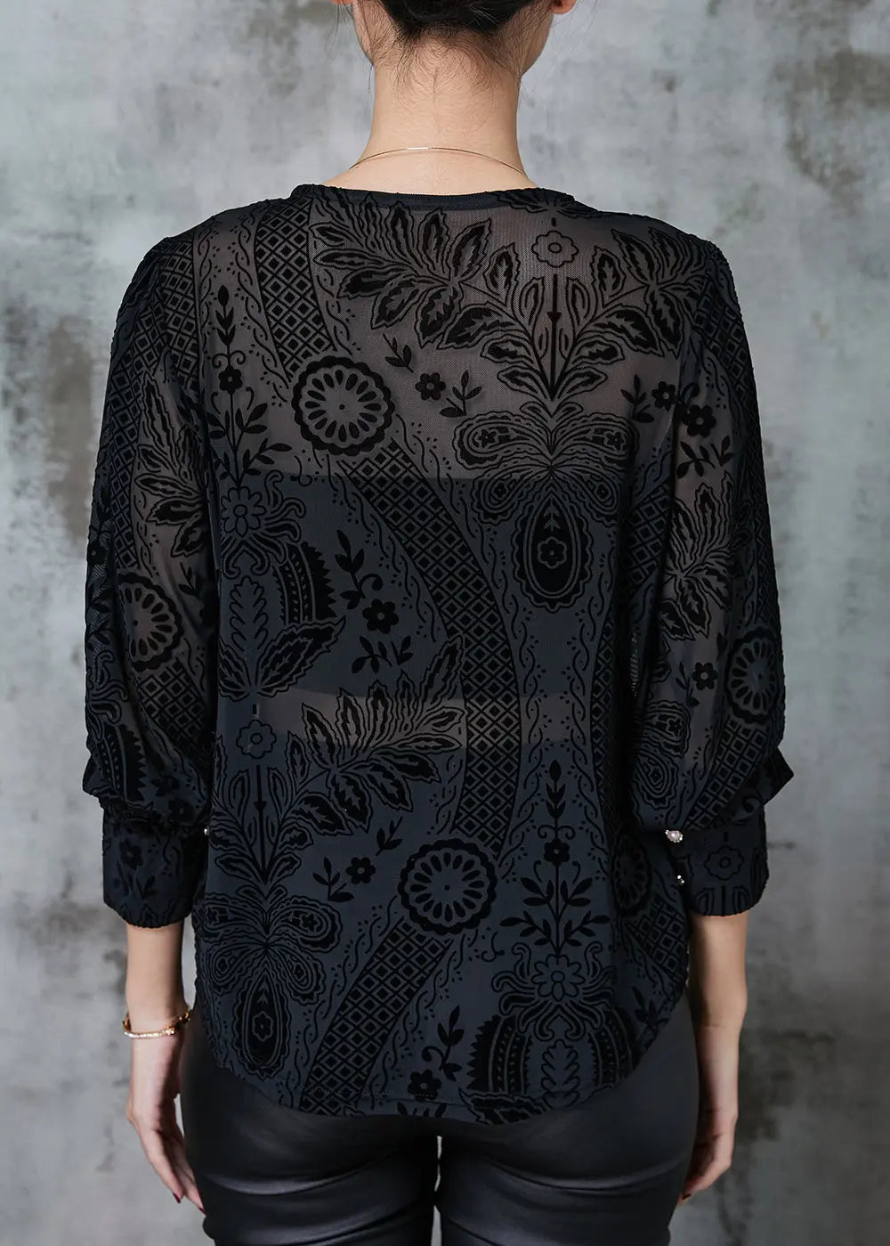 Elegant Black O-Neck Jacquard Lace Tops Spring Ada Fashion
