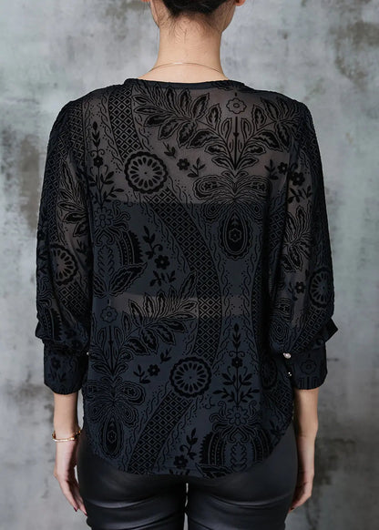 Elegant Black O-Neck Jacquard Lace Tops Spring Ada Fashion