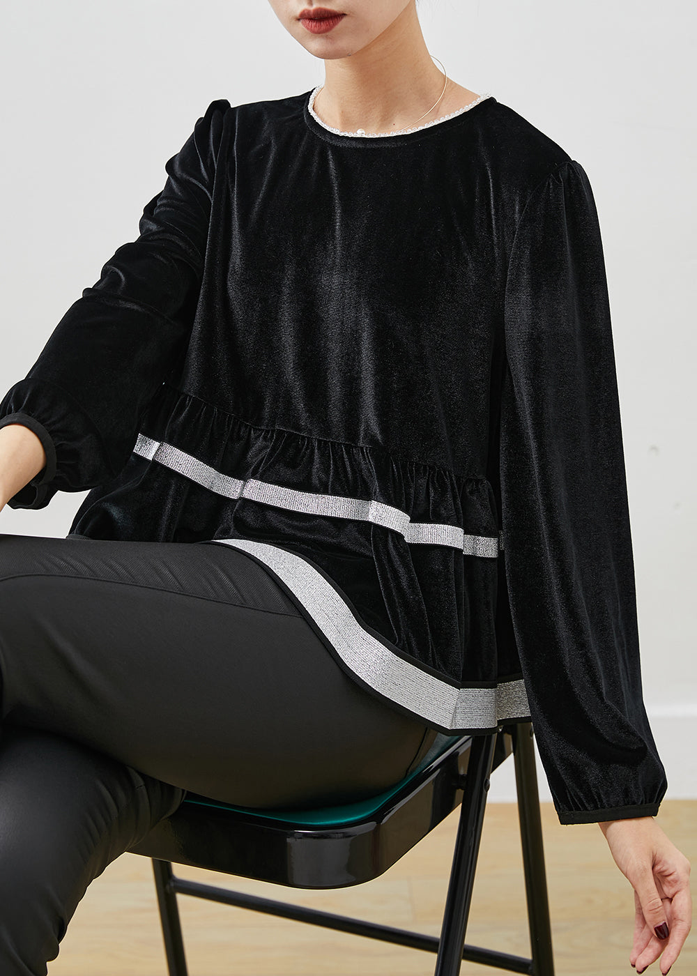 Elegant Black O-Neck Patchwork Silk Velvet Sweatshirt Top Spring YU1054