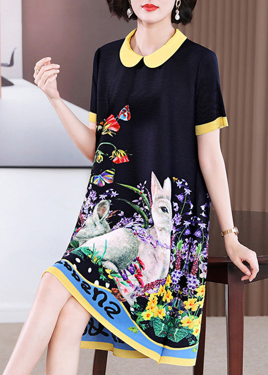 Elegant Black O-Neck Print Long a Line Dress Short Sleeve GH1014