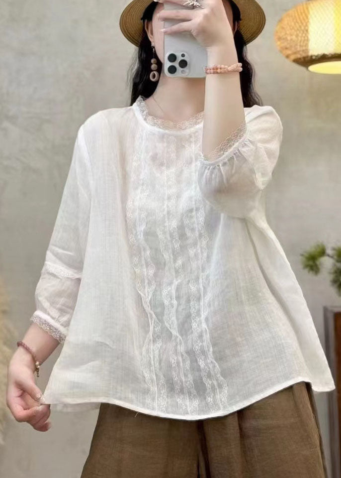 Shirt Black Linen Patchwork Eyelash Tops Oversized Elegant
