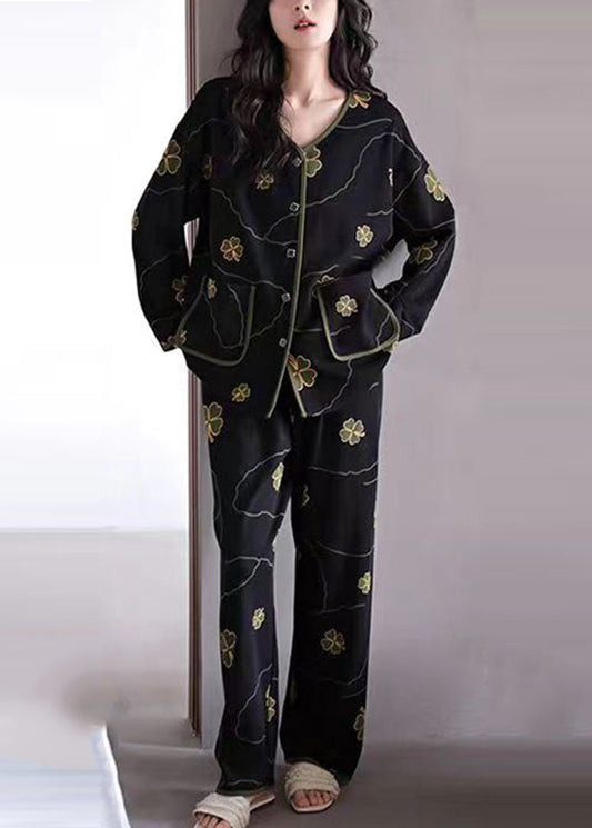 Ensemble deux pièces élégant en coton à imprimé noir et boutons à manches longues XS1020