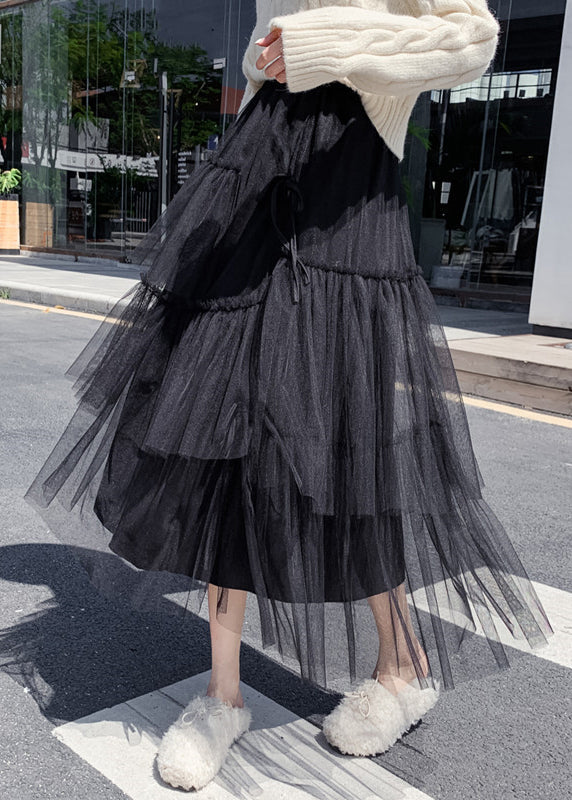 Elegant Black Ruffled High Waist Tulle Skirt Summer Ada Fashion