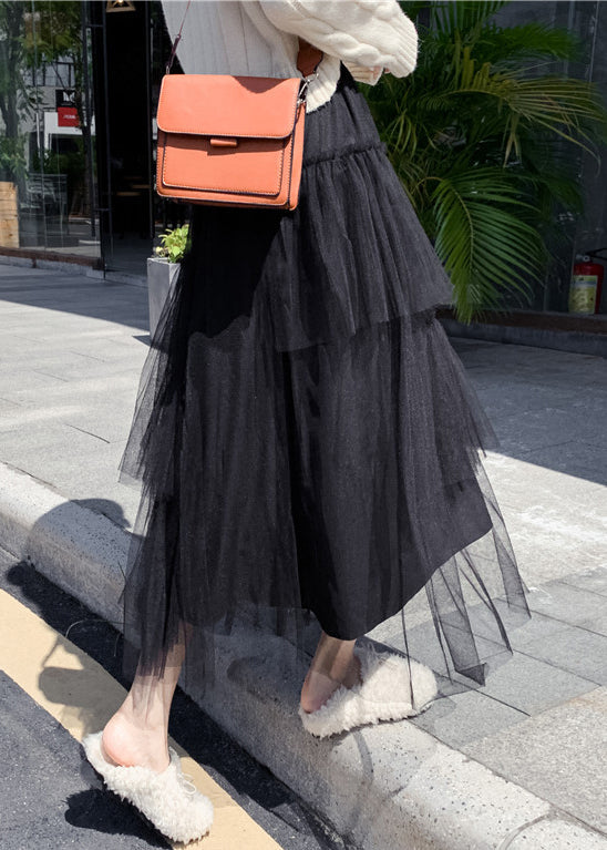 Elegant Black Ruffled High Waist Tulle Skirt Summer Ada Fashion