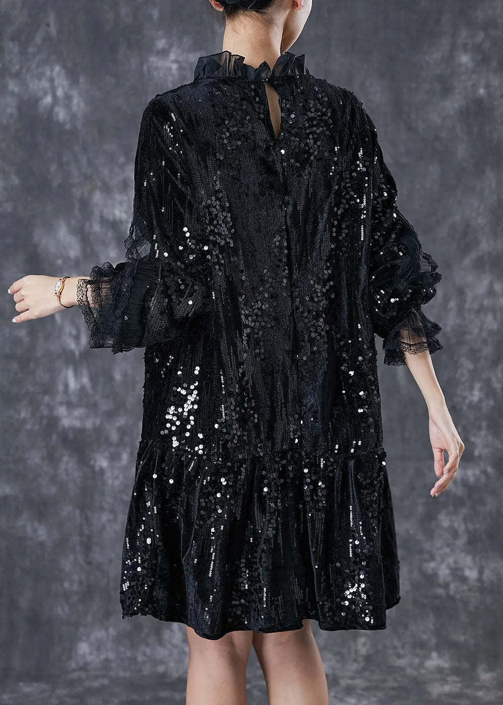 Elegant Black Sequins Patchwork Velour Mid Dresses Spring Ada Fashion