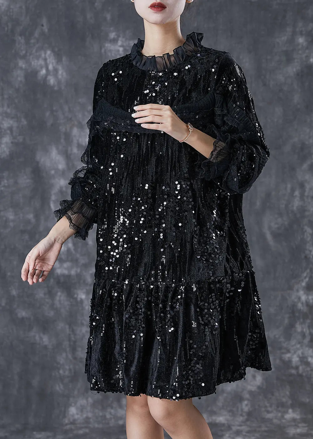 Elegant Black Sequins Patchwork Velour Mid Dresses Spring Ada Fashion