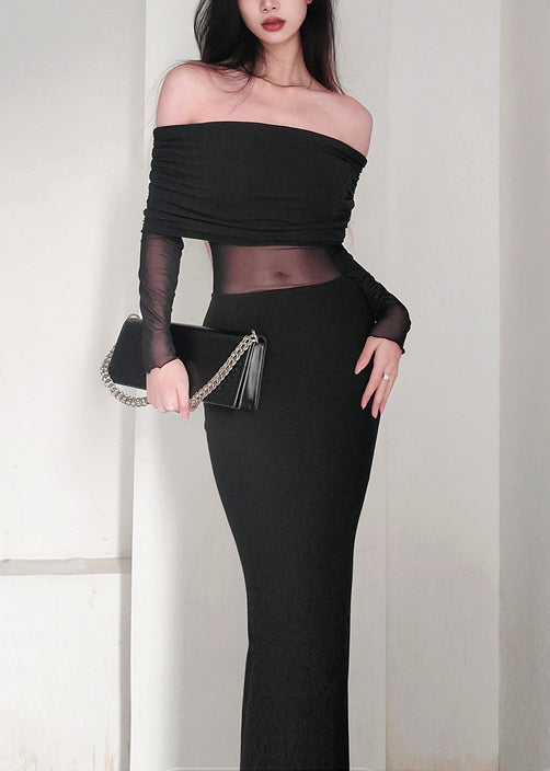 Robe longue noire élégante en tulle à col bateau et patchwork, printemps YT017