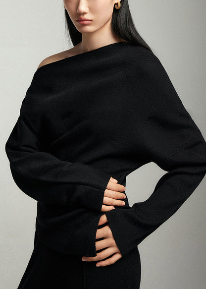 Elegant Black Slash Neck Woolen Sweaters Batwing Sleeve WE001