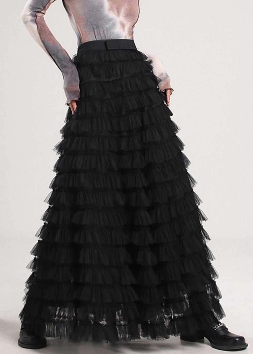 Elegant Black Solid High Waist Tulle Pleated Skirt Spring Ada Fashion