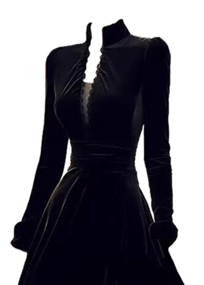 Elegant Black Stand Collar Patchwork Slim Fit Velvet Dresses Spring HA1012 Ada Fashion